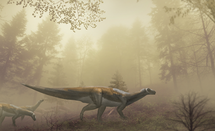 An image of a dinosaur walking through a misty forest. 
